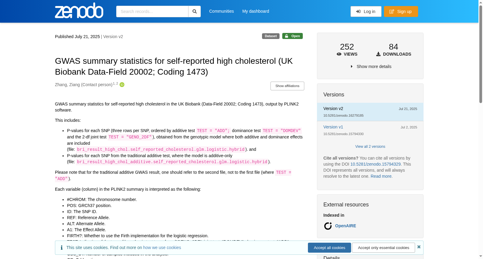 英国生物银行自报高胆固醇GWAS汇总统计数据（数据字段20002；编码1473）