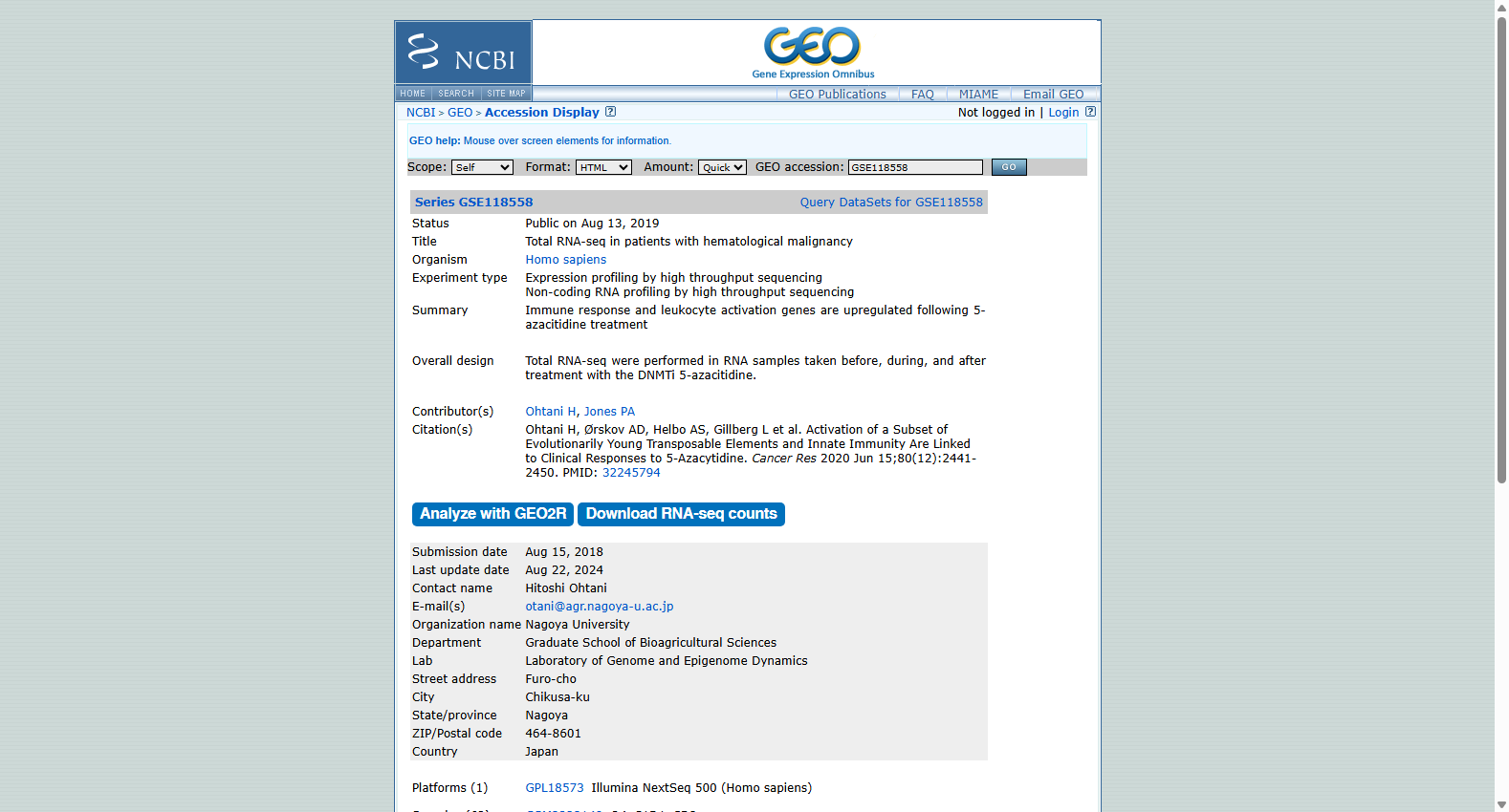 GEO GSE118558 全基因组高钙血症敏感基因表达数据集