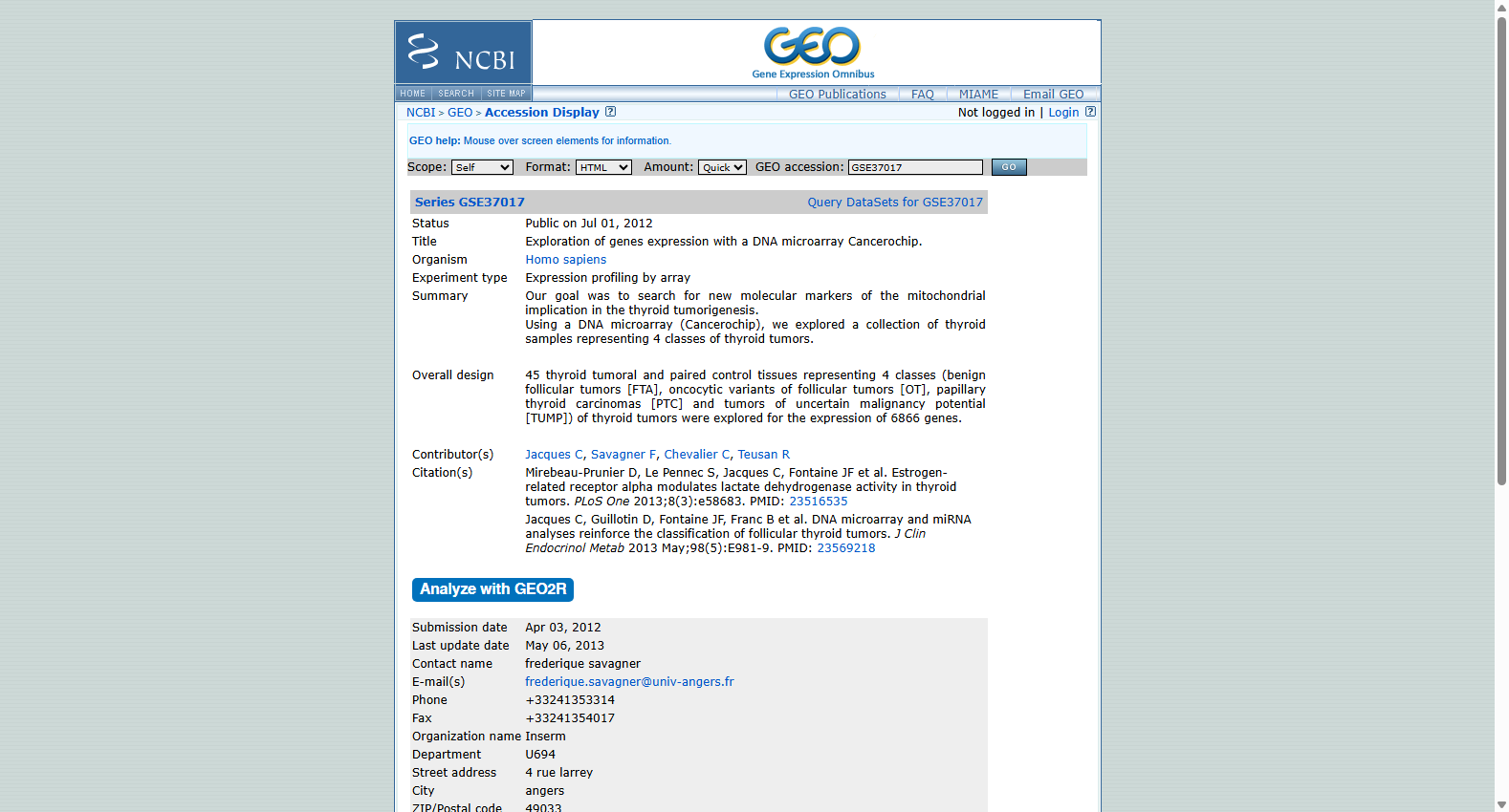 GEO 数据库甲状腺嗜酸性细胞/许特尔细胞肿瘤基因表达芯片集(GSE37017)