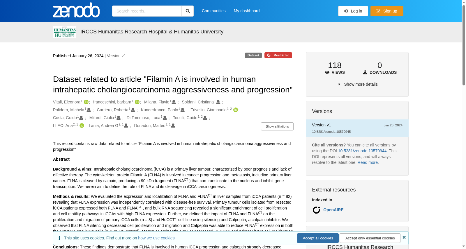 Filamin A在人类肝内胆管癌侵袭性和进展中的作用相关数据集